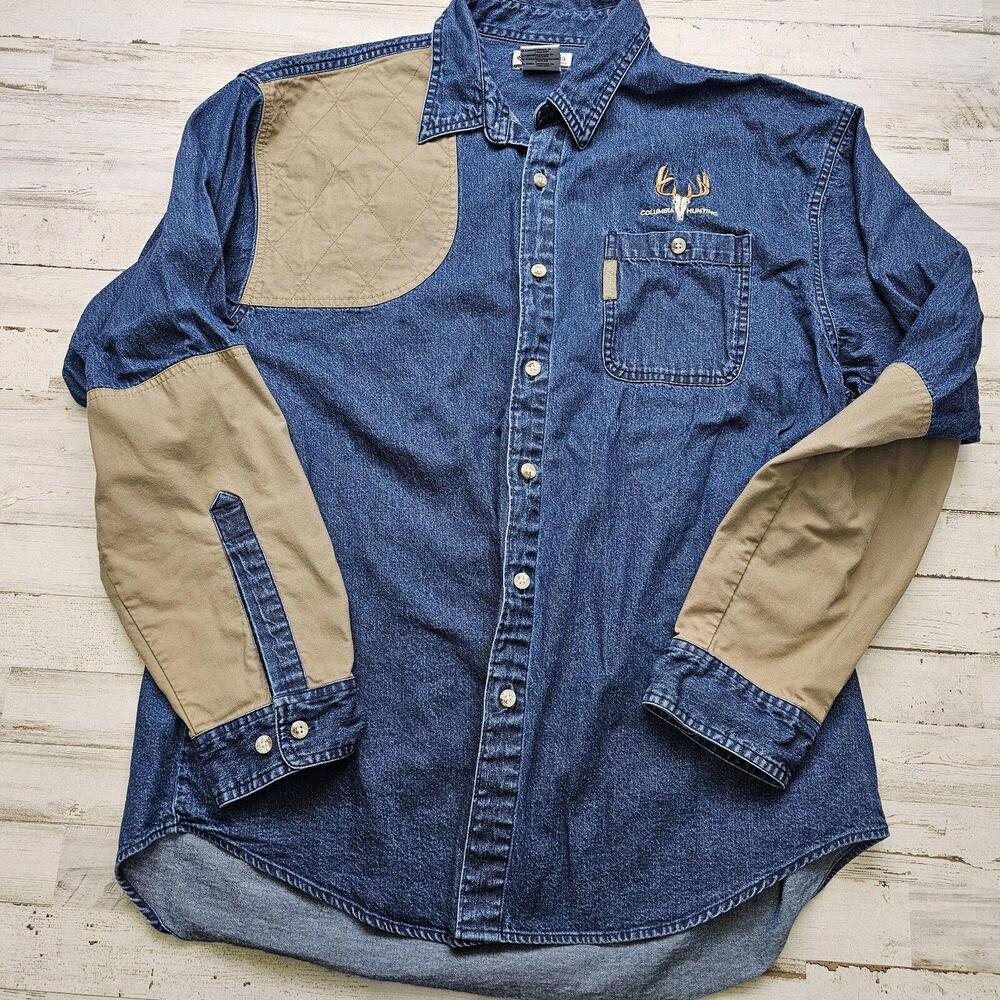 Columbia Blue Jean Denim Hunting Shirt Button Up Size L Shooting Padded Shoulder